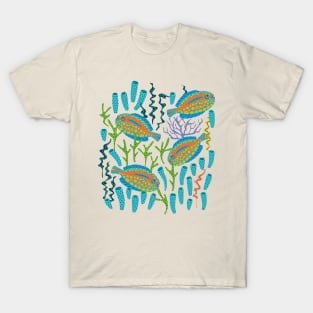 TROPICAL ZONE Coral Reef Fish Undersea Ocean Sea Creatures in Bright Colours on Light Aqua - UnBlink Studio by Jackie Tahara T-Shirt